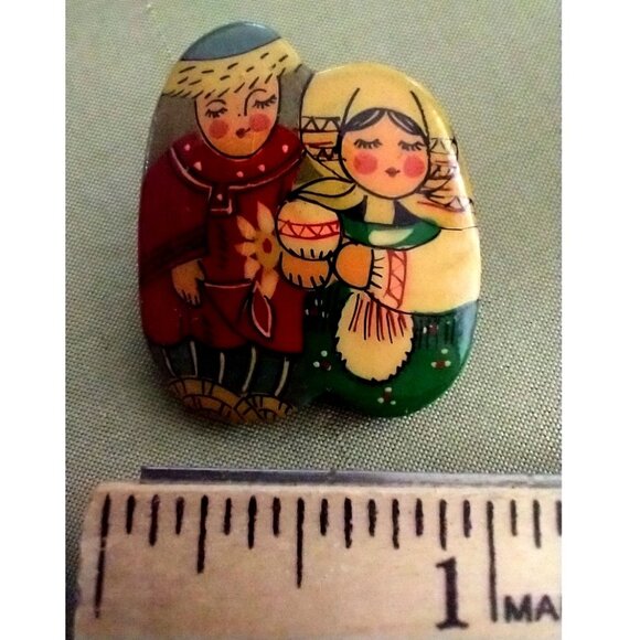 Soviet Russia Vintage Brooch Pin Lacquered Hand Painted Folk Art - Picture 12 of 13